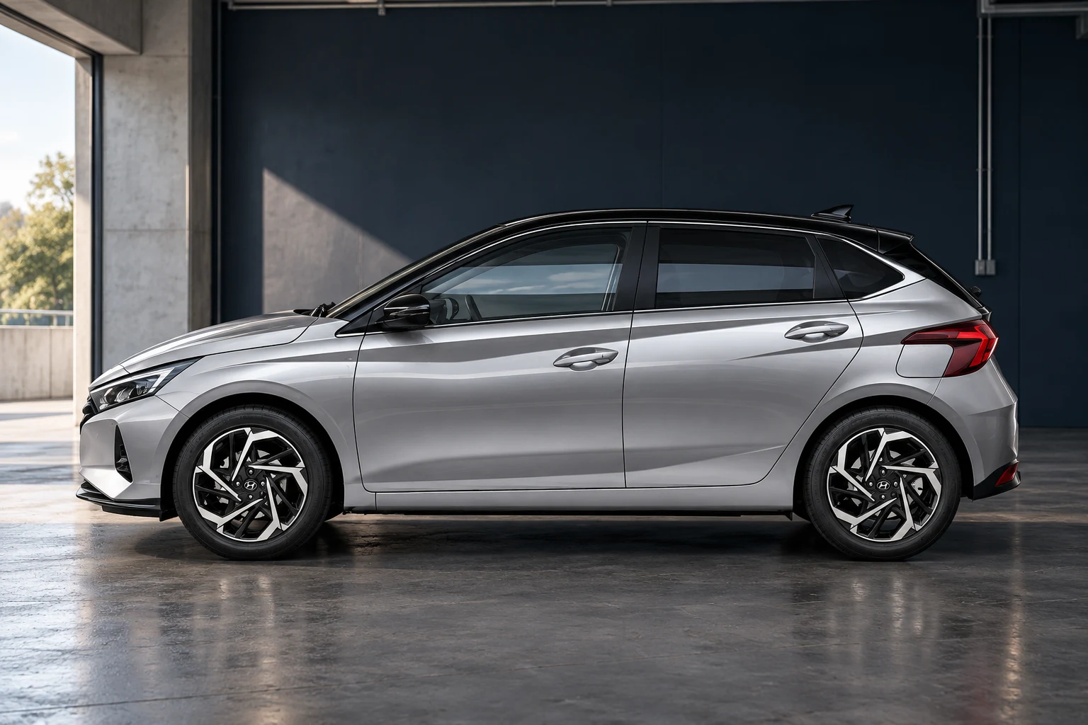 Hyundai i20 argent et toit noir, profil complet sous une lumière latérale