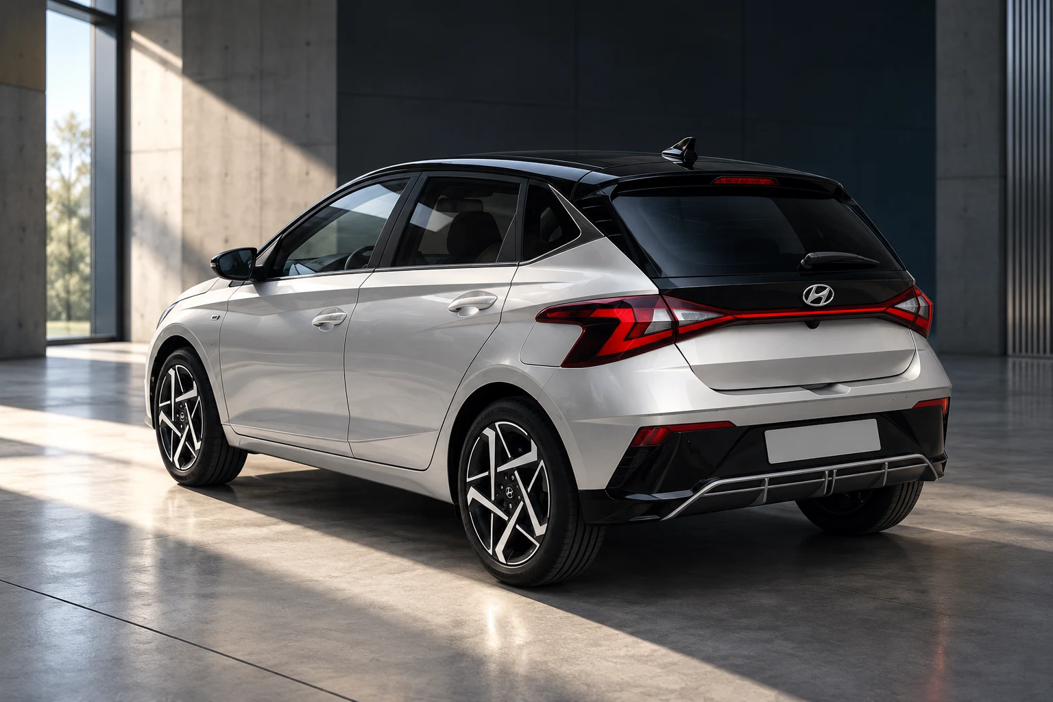 Hyundai i20 argentée vue de trois quarts arrière